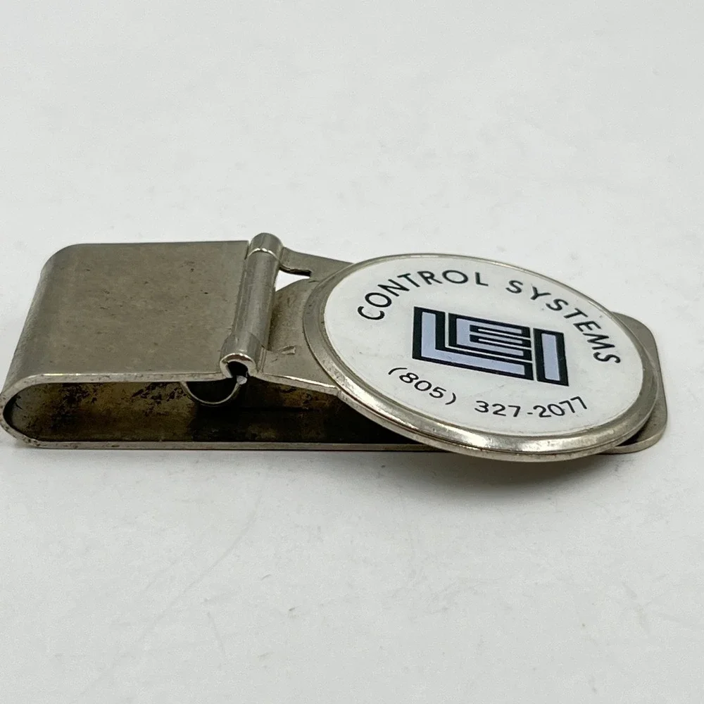 Vintage LEI Control Systems Money Clip & Tie Bar Set, White Enamel Logo (805)